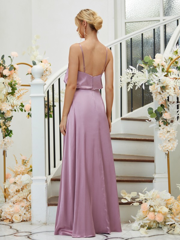 A-Line/Princess Silk like Satin Ruched V-neck Sleeveless Floor-Length Bridesmaid Dresses 2478