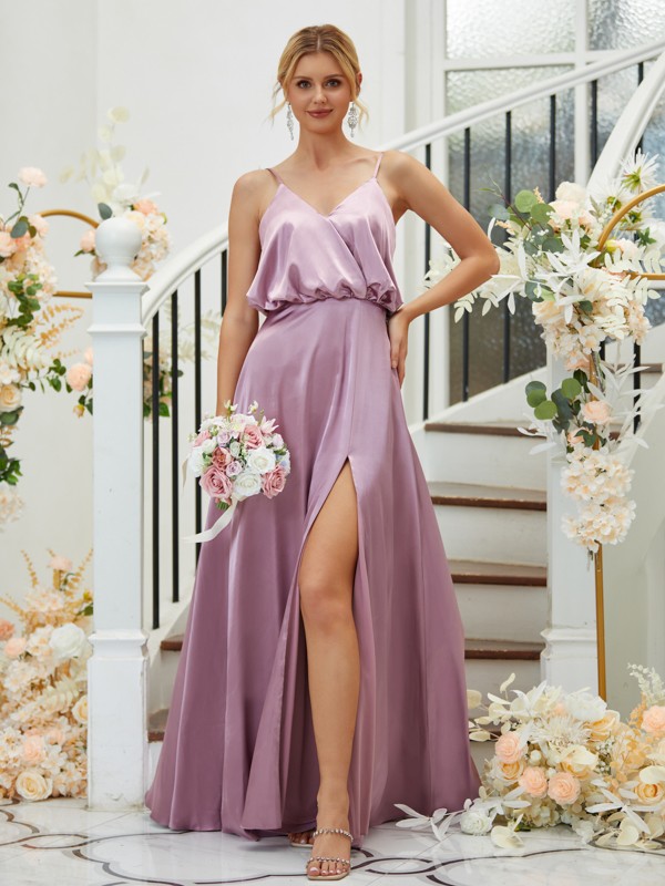 A-Line/Princess Silk like Satin Ruched V-neck Sleeveless Floor-Length Bridesmaid Dresses 2478