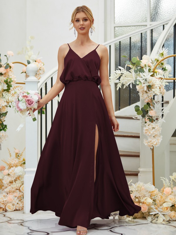 A-Line/Princess Silk like Satin Ruched V-neck Sleeveless Floor-Length Bridesmaid Dresses 2478