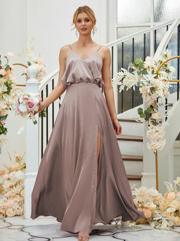 A-Line/Princess Silk like Satin Ruched V-neck Sleeveless Floor-Length Bridesmaid Dresses 2478