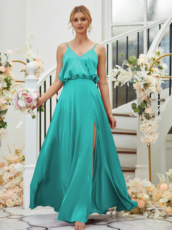 A-Line/Princess Silk like Satin Ruched V-neck Sleeveless Floor-Length Bridesmaid Dresses 2478