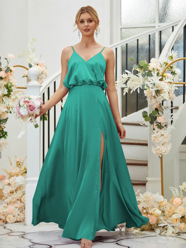 A-Line/Princess Silk like Satin Ruched V-neck Sleeveless Floor-Length Bridesmaid Dresses 2478