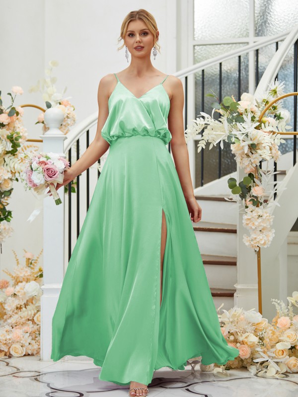 A-Line/Princess Silk like Satin Ruched V-neck Sleeveless Floor-Length Bridesmaid Dresses 2478