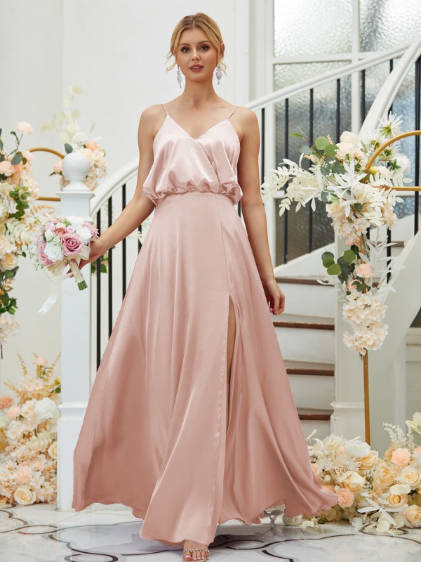 A-Line/Princess Silk like Satin Ruched V-neck Sleeveless Floor-Length Bridesmaid Dresses 2478