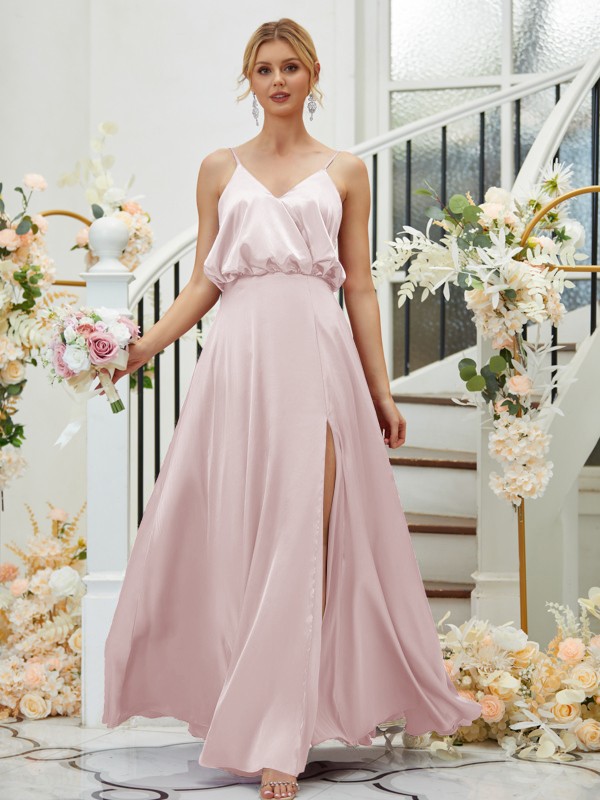 A-Line/Princess Silk like Satin Ruched V-neck Sleeveless Floor-Length Bridesmaid Dresses 2478