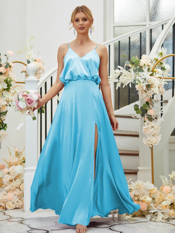 A-Line/Princess Silk like Satin Ruched V-neck Sleeveless Floor-Length Bridesmaid Dresses 2478