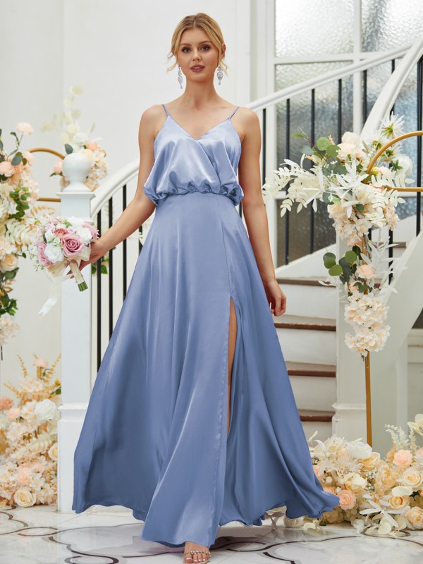 A-Line/Princess Silk like Satin Ruched V-neck Sleeveless Floor-Length Bridesmaid Dresses 2478