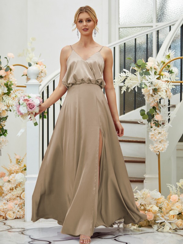 A-Line/Princess Silk like Satin Ruched V-neck Sleeveless Floor-Length Bridesmaid Dresses 2478