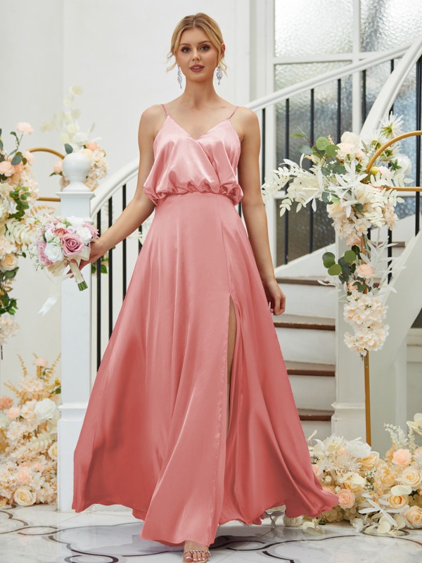 A-Line/Princess Silk like Satin Ruched V-neck Sleeveless Floor-Length Bridesmaid Dresses 2478