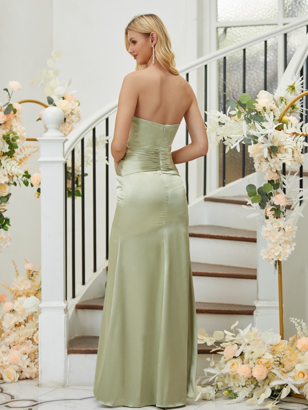 Sheath/Column Silk like Satin Ruched Sweetheart Sleeveless Floor-Length Bridesmaid Dresses 3077