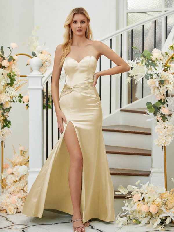 Sheath/Column Silk like Satin Ruched Sweetheart Sleeveless Floor-Length Bridesmaid Dresses 3077