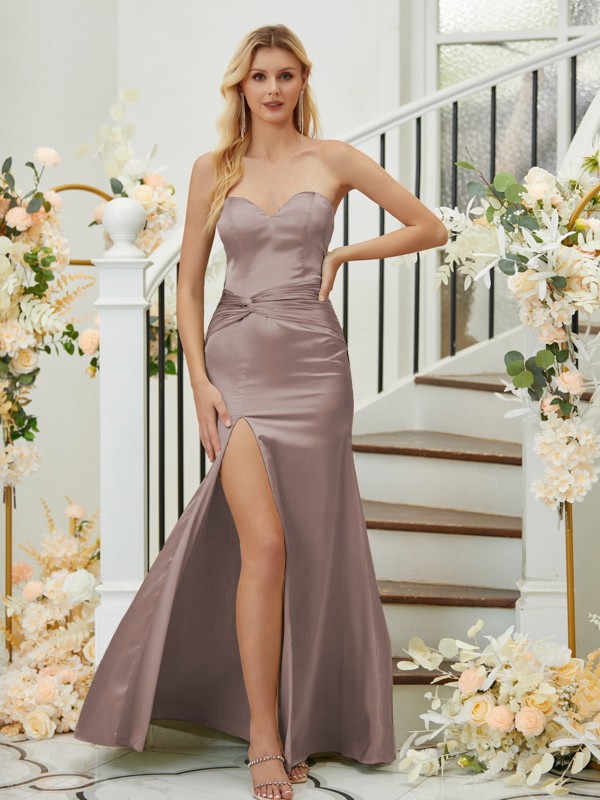 Sheath/Column Silk like Satin Ruched Sweetheart Sleeveless Floor-Length Bridesmaid Dresses 3077