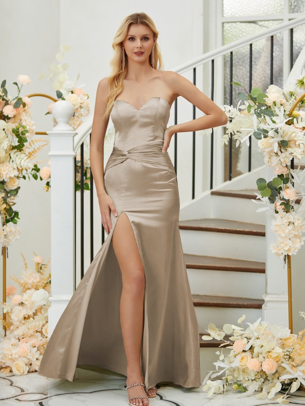 Sheath/Column Silk like Satin Ruched Sweetheart Sleeveless Floor-Length Bridesmaid Dresses 3077