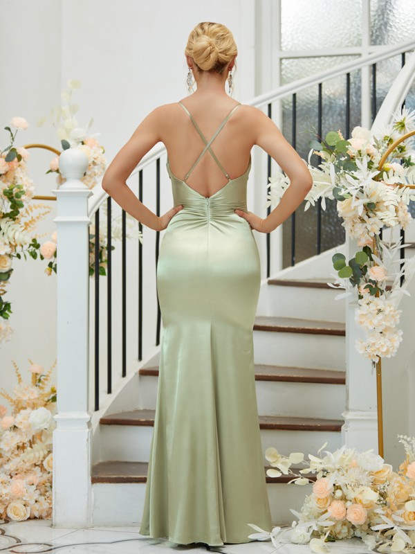 Sheath/Column Silk like Satin Ruched V-neck Sleeveless Floor-Length Bridesmaid Dresses 3085