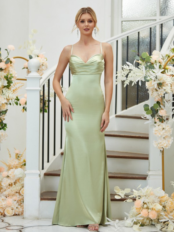 Sheath/Column Silk like Satin Ruched V-neck Sleeveless Floor-Length Bridesmaid Dresses 3085