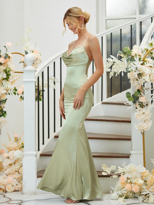 Sheath/Column Silk like Satin Ruched V-neck Sleeveless Floor-Length Bridesmaid Dresses 3085