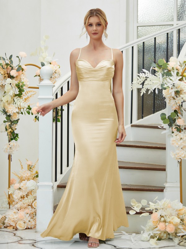 Sheath/Column Silk like Satin Ruched V-neck Sleeveless Floor-Length Bridesmaid Dresses 3085