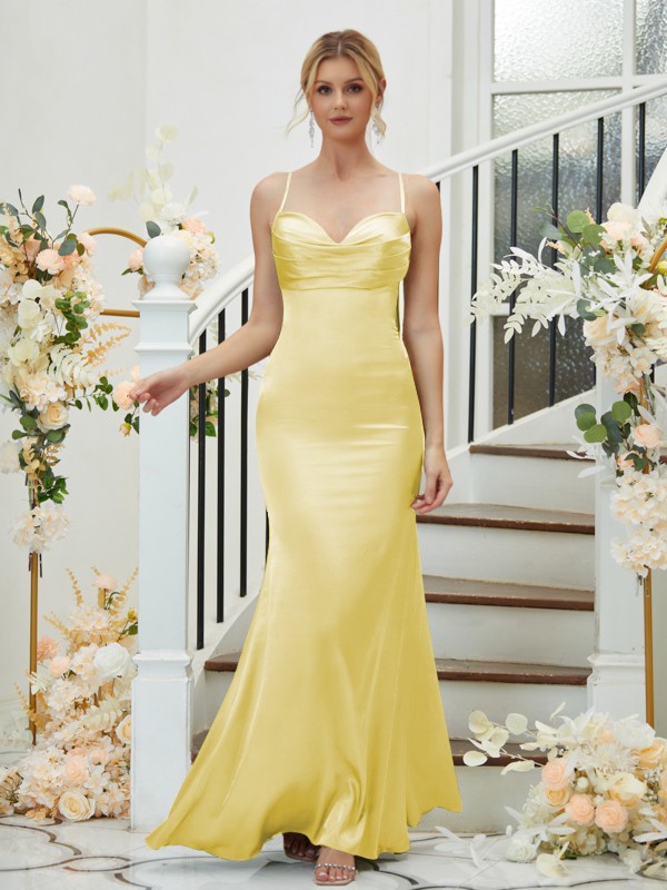 Sheath/Column Silk like Satin Ruched V-neck Sleeveless Floor-Length Bridesmaid Dresses 3085