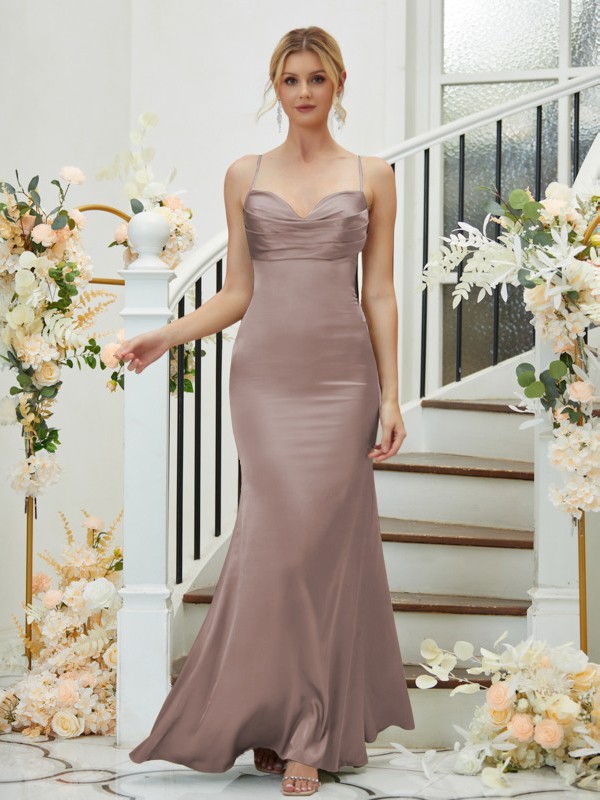 Sheath/Column Silk like Satin Ruched V-neck Sleeveless Floor-Length Bridesmaid Dresses 3085