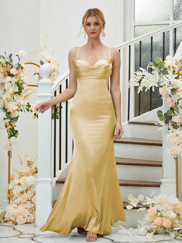 Sheath/Column Silk like Satin Ruched V-neck Sleeveless Floor-Length Bridesmaid Dresses 3085