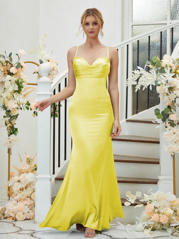 Sheath/Column Silk like Satin Ruched V-neck Sleeveless Floor-Length Bridesmaid Dresses 3085