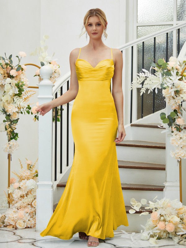 Sheath/Column Silk like Satin Ruched V-neck Sleeveless Floor-Length Bridesmaid Dresses 3085