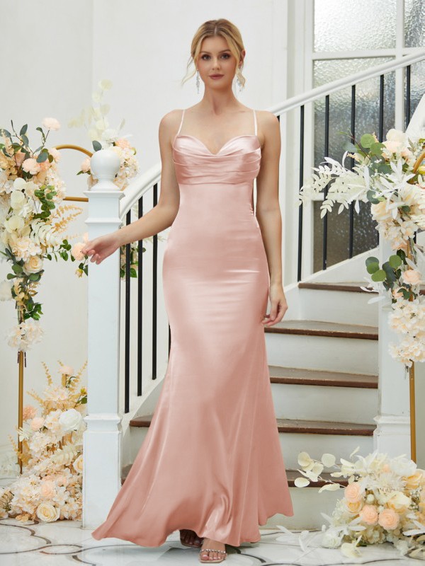 Sheath/Column Silk like Satin Ruched V-neck Sleeveless Floor-Length Bridesmaid Dresses 3085