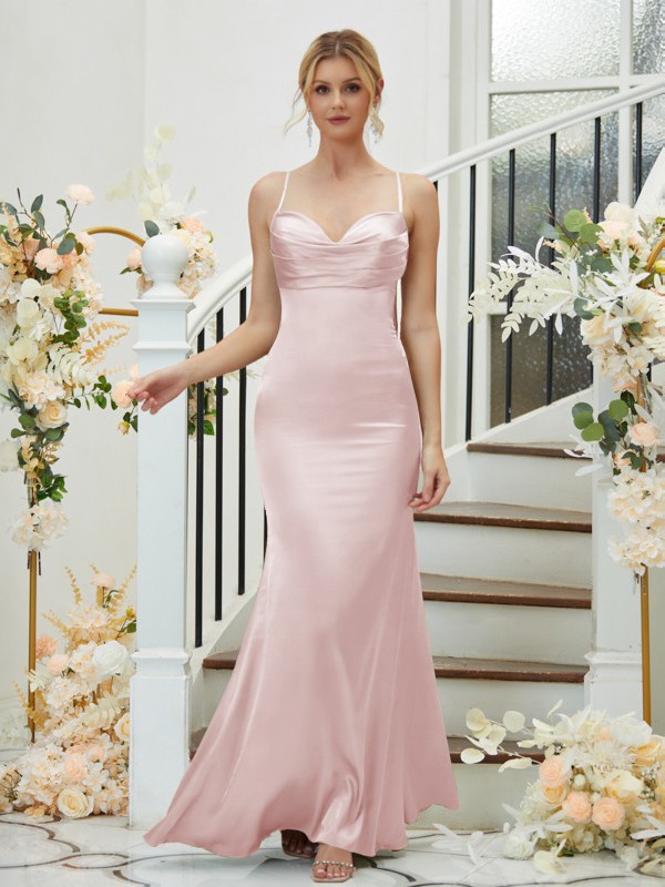 Sheath/Column Silk like Satin Ruched V-neck Sleeveless Floor-Length Bridesmaid Dresses 3085