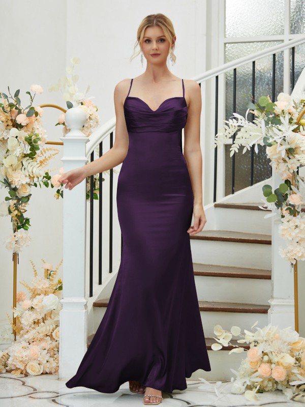 Sheath/Column Silk like Satin Ruched V-neck Sleeveless Floor-Length Bridesmaid Dresses 3085