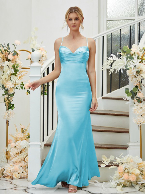 Sheath/Column Silk like Satin Ruched V-neck Sleeveless Floor-Length Bridesmaid Dresses 3085