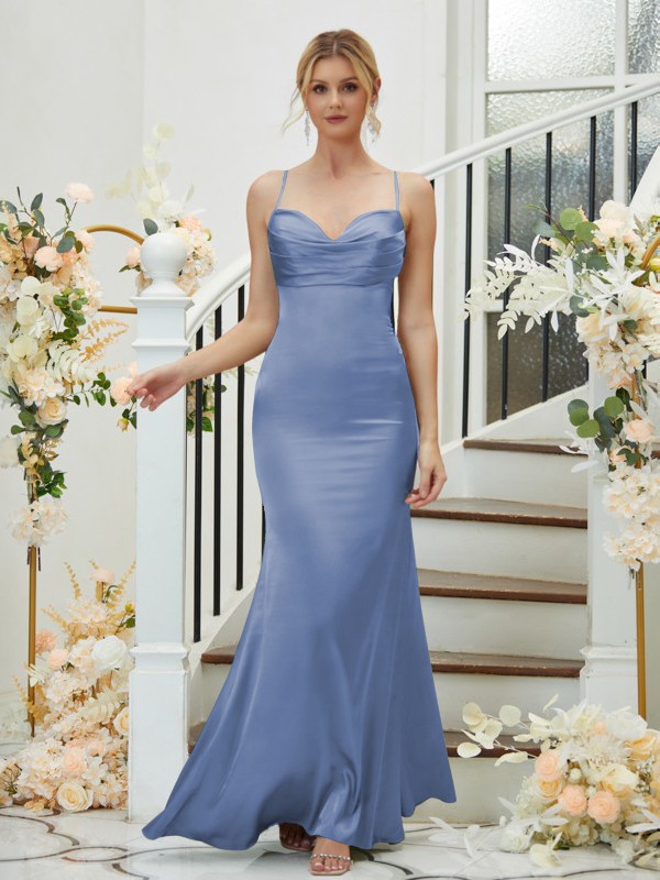 Sheath/Column Silk like Satin Ruched V-neck Sleeveless Floor-Length Bridesmaid Dresses 3085