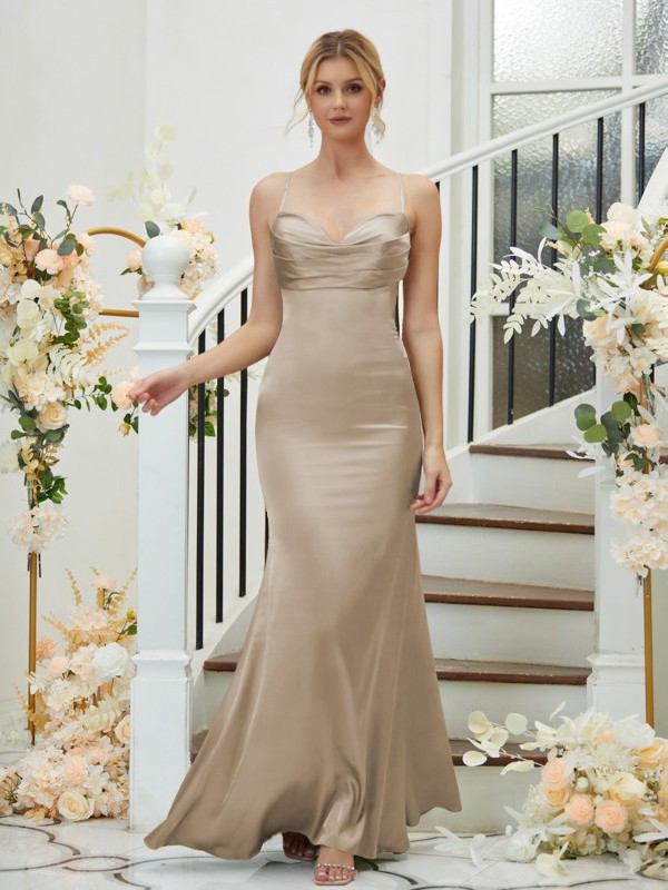 Sheath/Column Silk like Satin Ruched V-neck Sleeveless Floor-Length Bridesmaid Dresses 3085