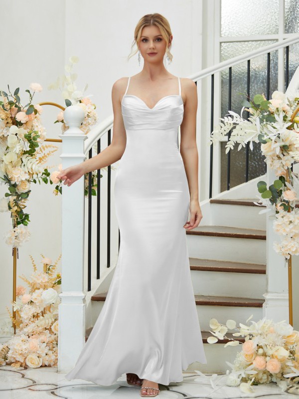 Sheath/Column Silk like Satin Ruched V-neck Sleeveless Floor-Length Bridesmaid Dresses 3085