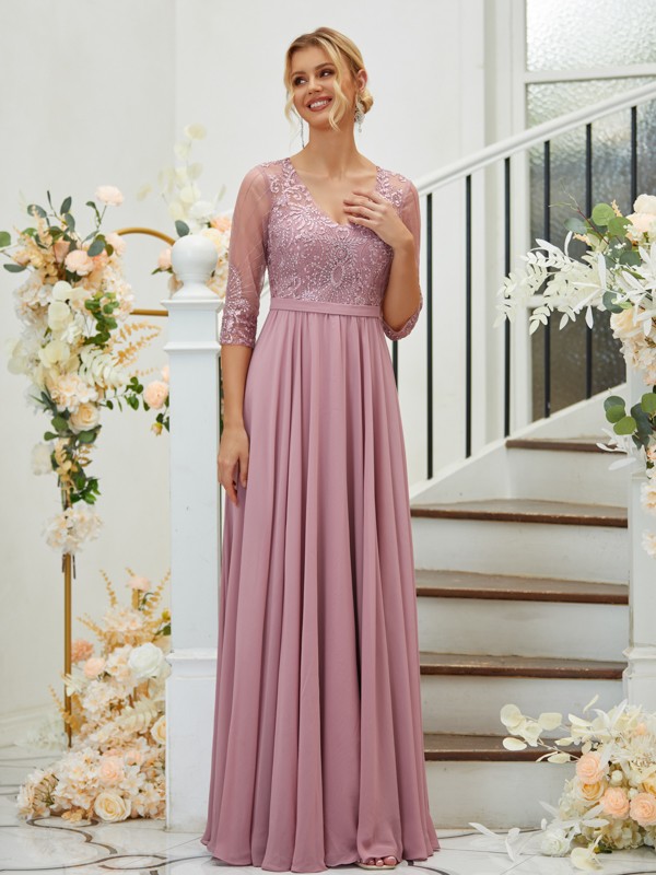 A-Line/Princess Chiffon Lace V-neck 3/4 Sleeves Floor-Length Bridesmaid Dresses 2148