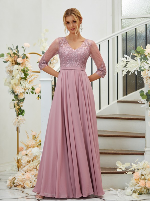 A-Line/Princess Chiffon Lace V-neck 3/4 Sleeves Floor-Length Bridesmaid Dresses 2148