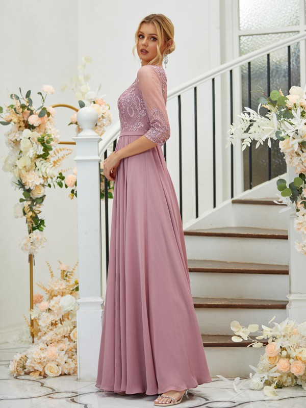 A-Line/Princess Chiffon Lace V-neck 3/4 Sleeves Floor-Length Bridesmaid Dresses 2148