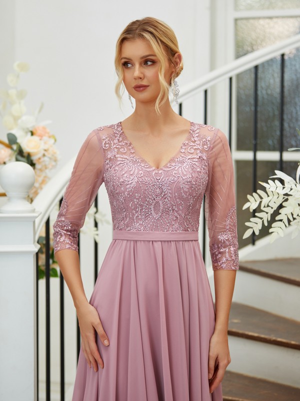 A-Line/Princess Chiffon Lace V-neck 3/4 Sleeves Floor-Length Bridesmaid Dresses 2148