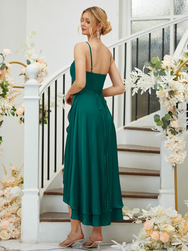 A-Line/Princess Satin Chiffon Ruched V-neck Sleeveless Asymmetrical Bridesmaid Dresses 2429