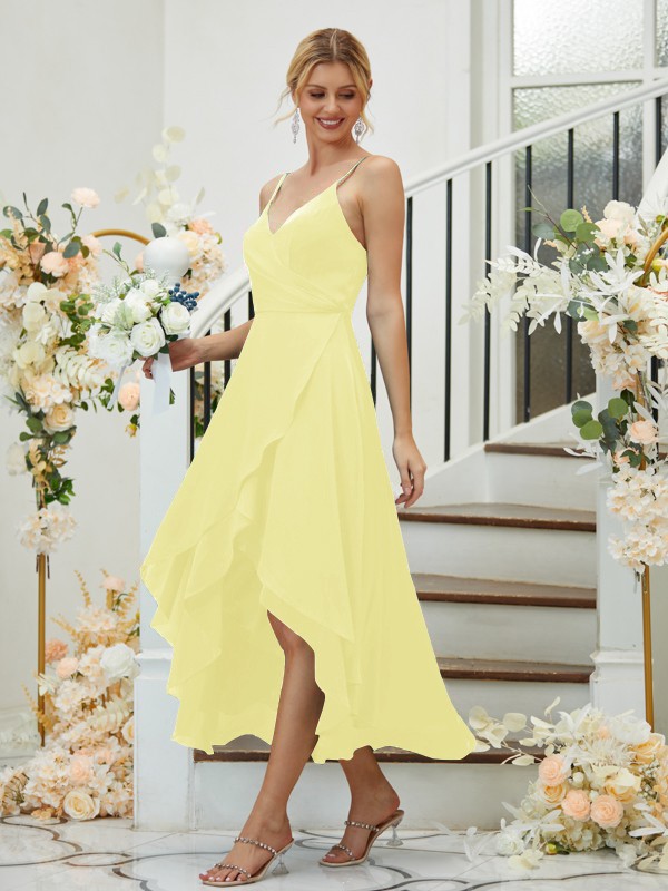 A-Line/Princess Satin Chiffon Ruched V-neck Sleeveless Asymmetrical Bridesmaid Dresses 2429