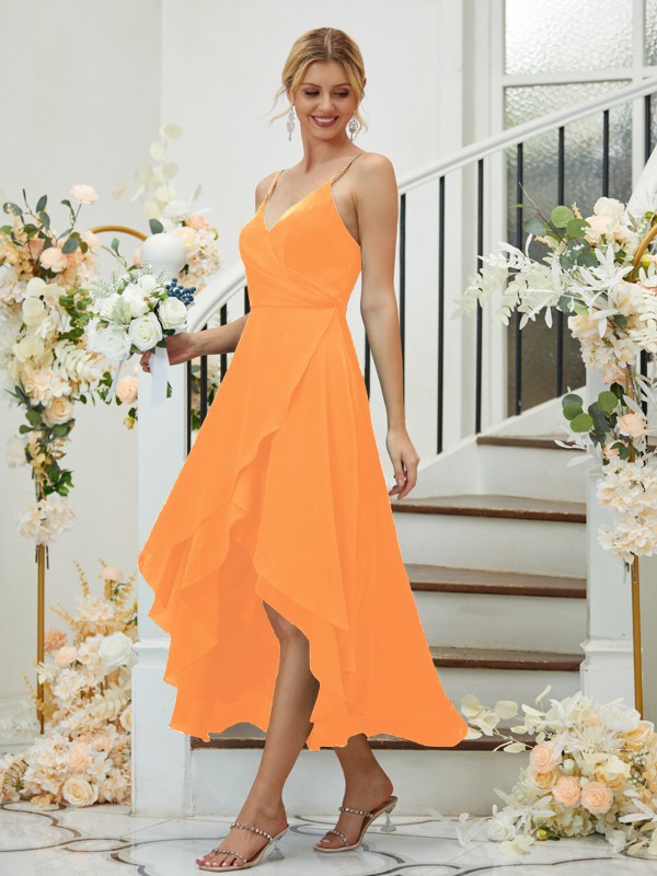 A-Line/Princess Satin Chiffon Ruched V-neck Sleeveless Asymmetrical Bridesmaid Dresses 2429