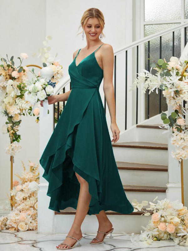 A-Line/Princess Satin Chiffon Ruched V-neck Sleeveless Asymmetrical Bridesmaid Dresses 2429