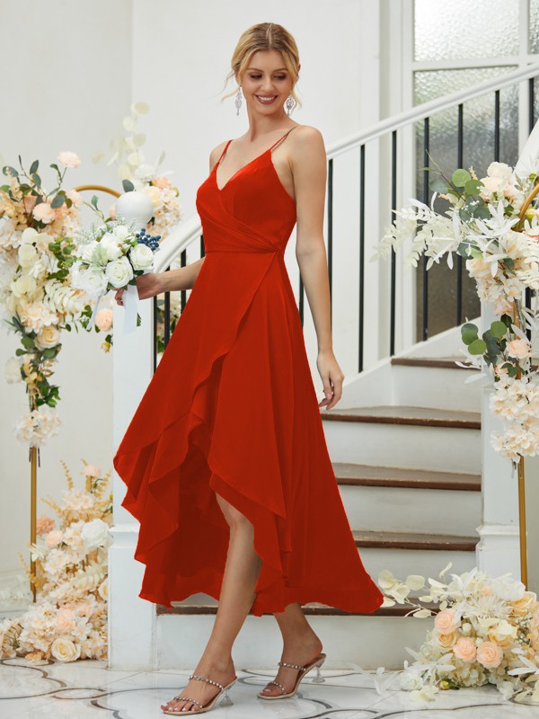 A-Line/Princess Satin Chiffon Ruched V-neck Sleeveless Asymmetrical Bridesmaid Dresses 2429