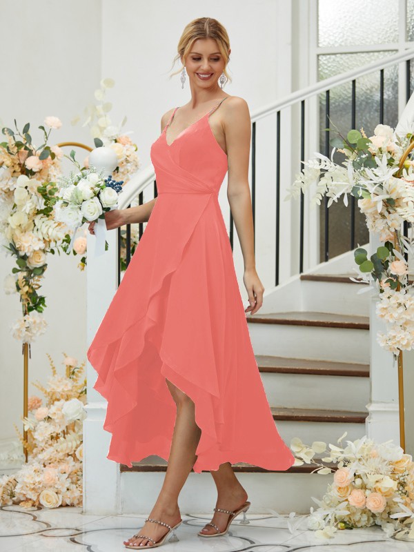 A-Line/Princess Satin Chiffon Ruched V-neck Sleeveless Asymmetrical Bridesmaid Dresses 2429