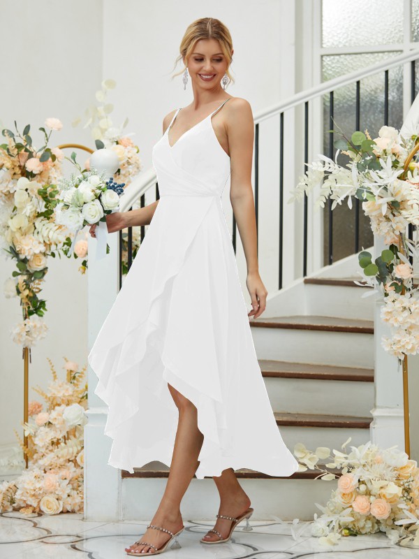 A-Line/Princess Satin Chiffon Ruched V-neck Sleeveless Asymmetrical Bridesmaid Dresses 2429