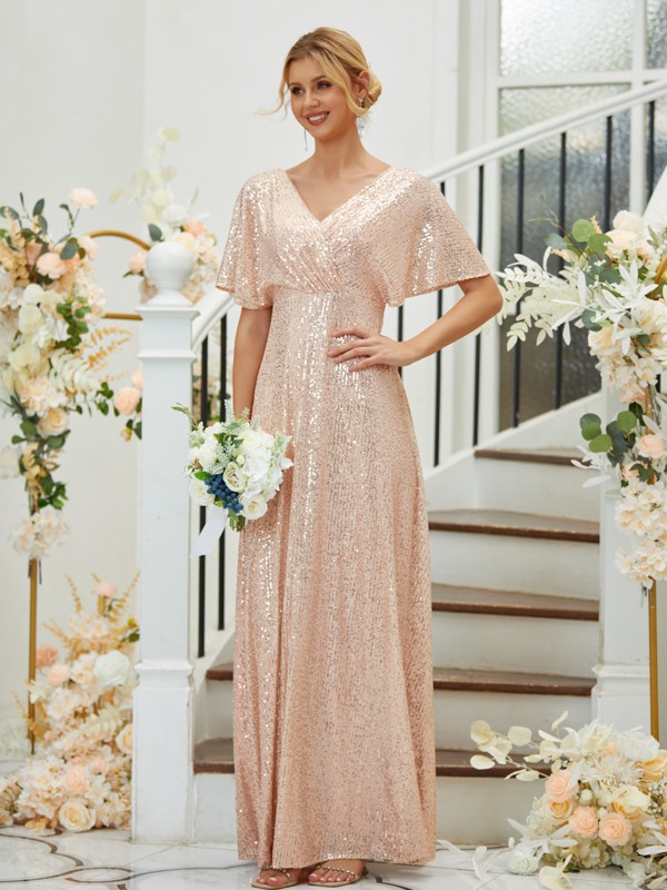 A-Line/Princess Ruched V-neck Short Sleeves Floor-Length Bridesmaid Dresses 2427