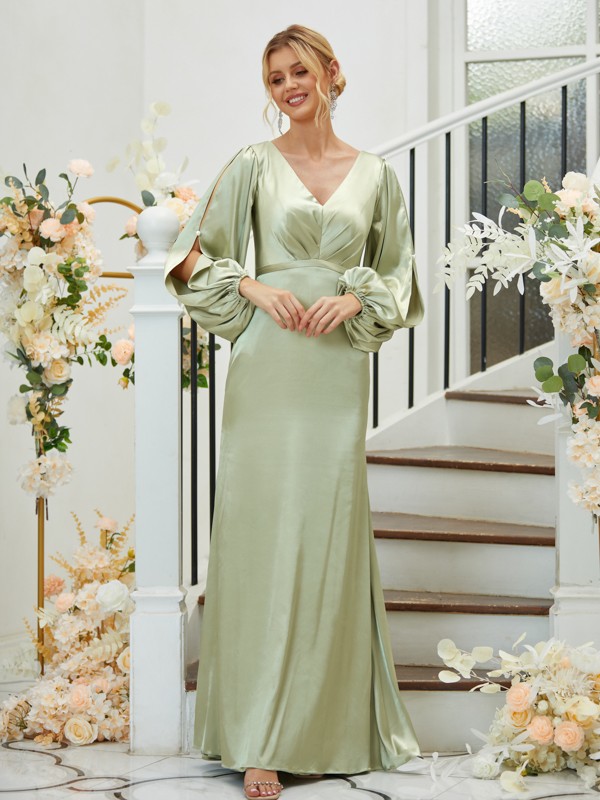 Sheath/Column Silk like Satin Ruched V-neck Long Sleeves Floor-Length Bridesmaid Dresses 3081