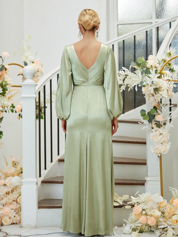 Sheath/Column Silk like Satin Ruched V-neck Long Sleeves Floor-Length Bridesmaid Dresses 3081