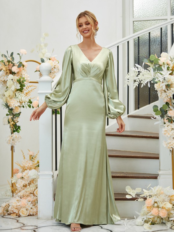 Sheath/Column Silk like Satin Ruched V-neck Long Sleeves Floor-Length Bridesmaid Dresses 3081