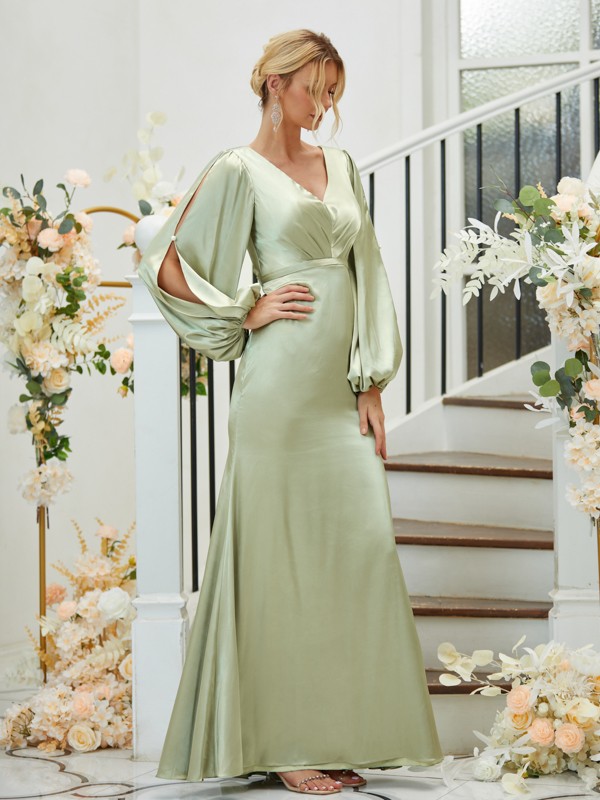 Sheath/Column Silk like Satin Ruched V-neck Long Sleeves Floor-Length Bridesmaid Dresses 3081