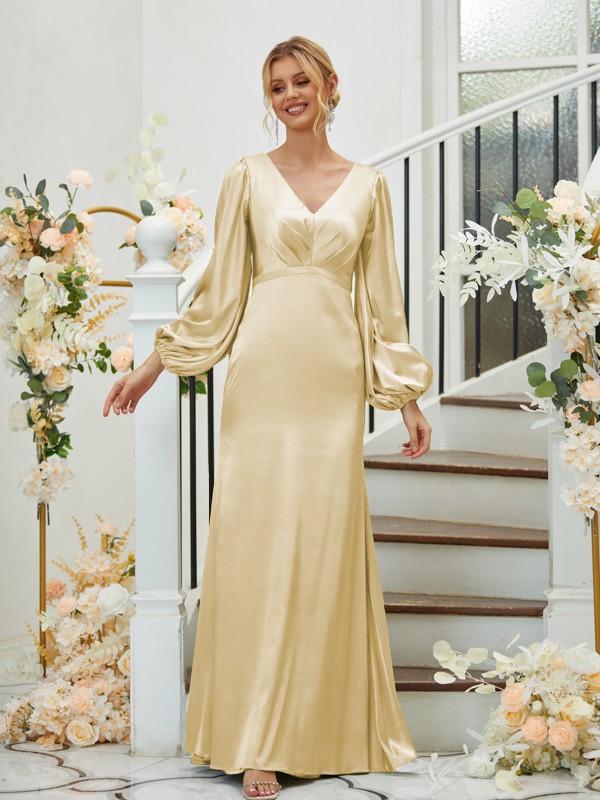 Sheath/Column Silk like Satin Ruched V-neck Long Sleeves Floor-Length Bridesmaid Dresses 3081